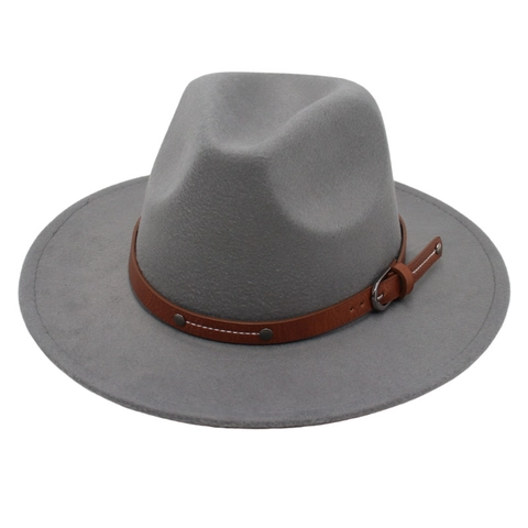Chapeau Fedora À Large Bord En Feutre Casquette De Jazz Avec Ceinture En Cuir Marron Boucle En Métal Rivets Rétro Unisexe