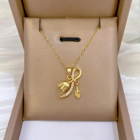 Tulp Bloem Hanger Ketting Roestvrij Stalen Ketting Koper Zirconia Inleg Elegante Sieraden Vrouwen Cadeau