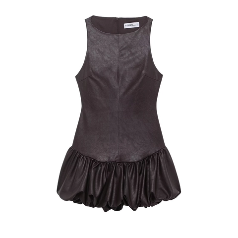 Robe Mini Sans Manches En Cuir PU Femme Ourlet Plissé Café Coupe Ajustée Col Rond Mode