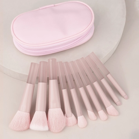 Makeup Brush Set Synthetic Fiber Soft Bristles Pink Translucent Plastic Handle Portable Mini Cosmetic Tools With PU Bag