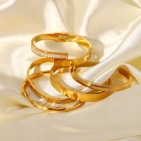 Brazalete Abierto Con Incrustaciones De Zircón Acero Inoxidable Chapado En Oro De 18K Joyas Geométricas Vintage Para Mujer