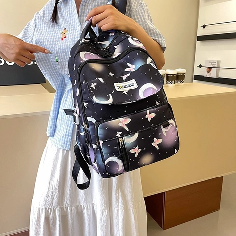 Nylon Student Backpack Large Capacity Gradient Color Butterfly Moon Print For Girls School Campus Sweet Aesthetic Trendy