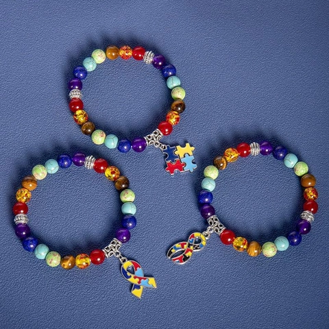 Bracciale Perline Pietra Naturale Agata Arcobaleno Consapevolezza Autismo Ciondolo Cuore Puzzle Nastro Elastico Gioielli Yoga