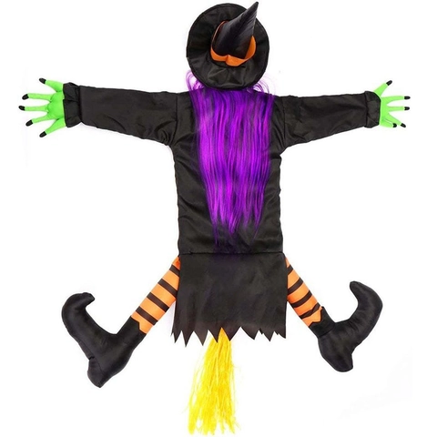 Decorazione Strega Si Schianta Halloween Tessuto Capelli Viola Gambe A Righe Scopa Albero Esterno Cortile Spaventoso Divertente Puntelli