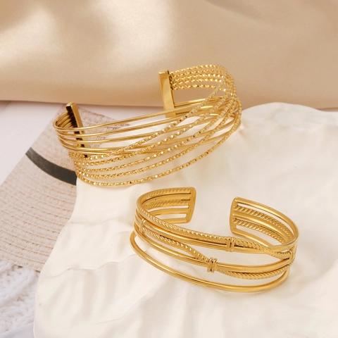 Fashion Stainless Steel Multi Layer Open Cuff Bracelet For Women 18K Gold Plated Adjustable Minimalist Twisted Woven Texture Jewelry