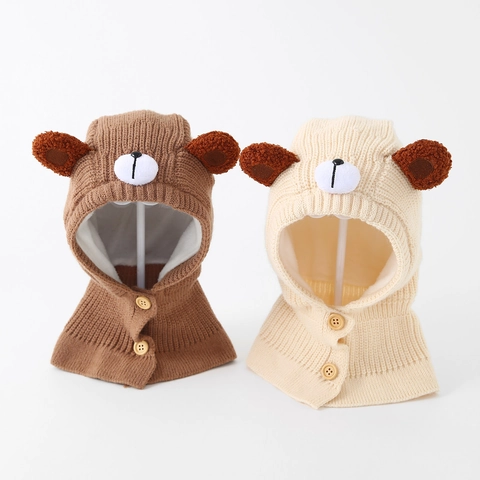 Kids Knitted Balaclava Hat Integrated Hooded Scarf Thickened Fleece Lined Windproof Winter Warm Bear Ears For Toddlers