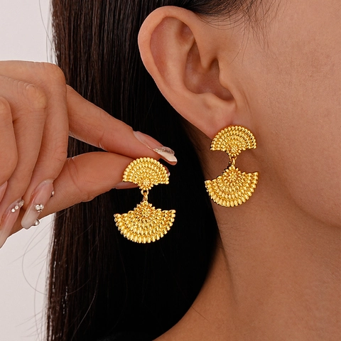 Retro Geometric Fan Drop Earrings Copper Gold Plated With Silver Earring Post Vintage Style For Women