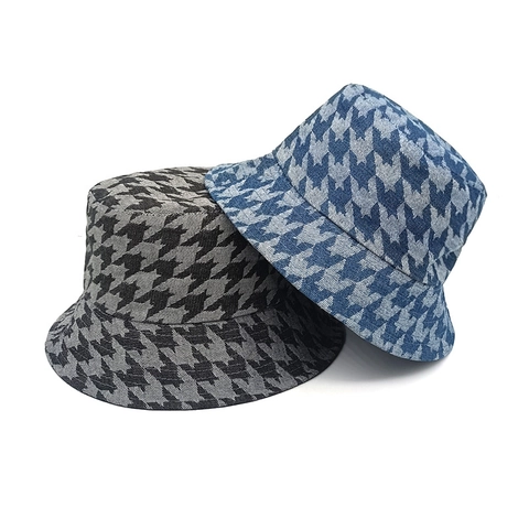 Fischerhut Denim Hahnentrittmuster Damen Baumwollmischung Retro Sonnenschutz Outdoor