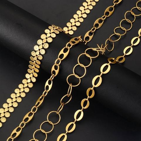 Stainless Steel DIY Jewelry Making Chains Gold Plated Flat Oval Daisy Flower Textured Hollow Semi Finished Bracelet Necklace Links