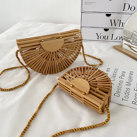 Bamboo Woven Half Moon Bag Natural Wood Beaded Strap Crossbody Handbag Hollow Out Summer Beach Holiday Style For Women