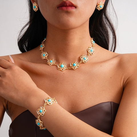 Gioielli Vintage Fiore Cavo Lega Turchese Strass Collana Bracciale Orecchini Con Perno In Argento Per Donne Retrò