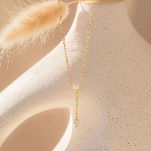 Collana A Forma Di Y Argento Sterling 925 Placcato Oro 14 Carati Ciondolo Goccia Zirconia Rotonda E Marquise Minimalista Donna