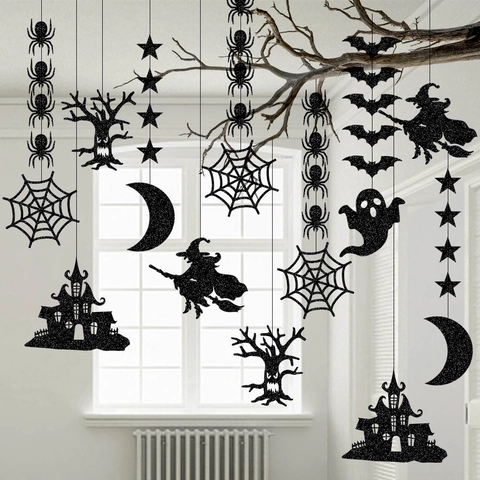 Decorazioni Appese Halloween Carta Luccicante Nera Ragno Pipistrello Fantasma Strega Sagome Festa Ghirlanda