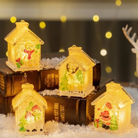 Christmas LED Glowing Small House Ornaments Transparent Plastic Hanging Decor Santa Snowman Reindeer Festive Tabletop Light