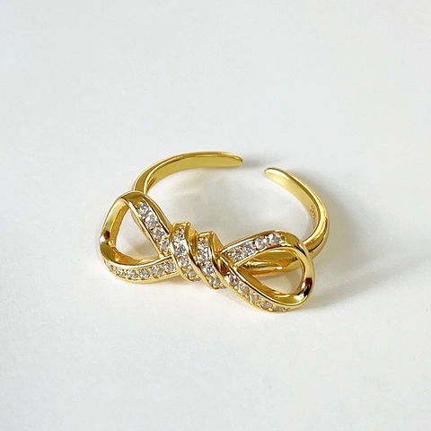 925 Sterling Silber Bogen Ring 18K Vergoldet Zirkon Verstellbare Öffnung Minimalistischer Eleganter Schmuck Geschenk Damen