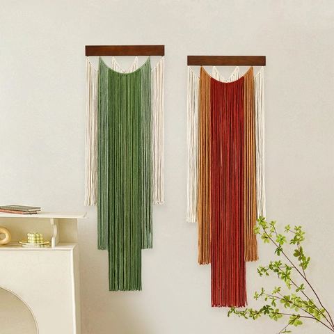 Bohemian Macrame Wall Hanging Handmade Cotton Woven Tassel Tapestry With Wood Pole Aesthetic Home Decoration