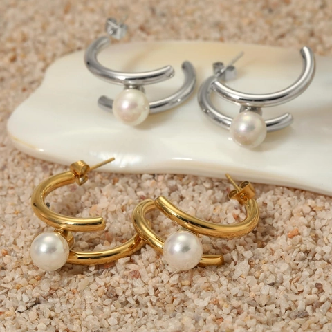 Orecchini Geometrici In Acciaio Inossidabile A Forma Di C A Doppio Strato Con Künstliche Perle Bianche Tonde Gioielli Di Moda Per Donna