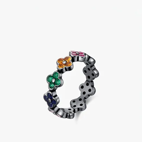 925 Sterling Silber Ring Vierblättriges Kleeblatt Bunter Zirkonia Schwarz Vergoldet Französisch Vintage Chic Damen