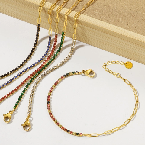 Stainless Steel Zircon Bracelet Half Paperclip Chain Half Tennis Chain Adjustable Colorful Niche Jewelry For Women