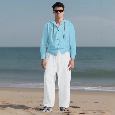 Casual Herenoverhemd En Broek Linnenmix Met Capuchon Lange Mouwen Trekkoord Effen Kleur Losse Vakantie Outfits