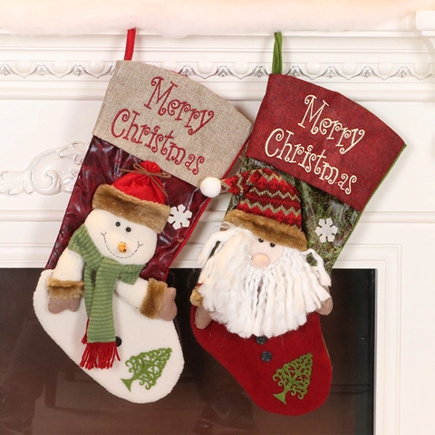 Calza Di Natale Grande Sacco Regalo In Lino Con Motivo Babbo Natale Pupazzo Di Neve Decorazione Natalizia Da Appendere