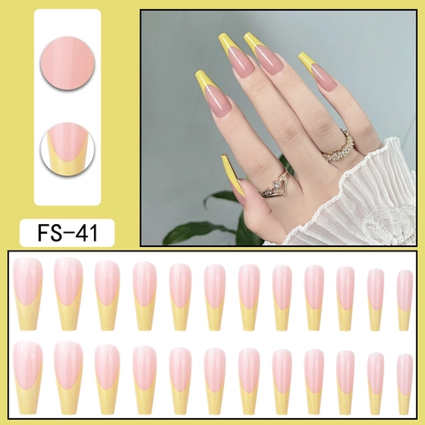 Unghie A Pressione Coffin Lunghe Punta Francese Giallo Limone Unghie Finte Rosa Lucide Per Donne Forma Balletto ABS