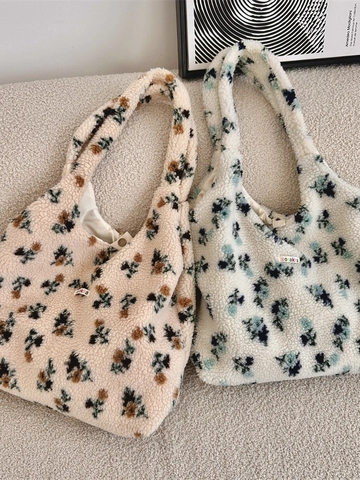 Sac Cabas En Peluche À Fleurs Pour Femmes Sherpa Grande Capacité Sac À Épaule Hiver Rétro Doux