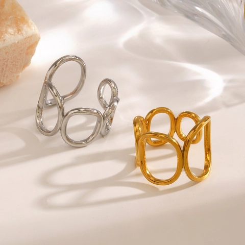Geometric Hollow Oval Ring Stainless Steel Adjustable Minimalist Statement Jewelry For Women