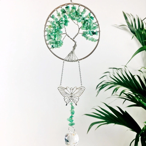 Tree Of Life Suncatcher Hanging Ornament With Metal Wire Butterfly Natural Gemstone Chips And Crystal Prism Ball