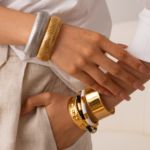 Getextureerde Roestvrijstalen Open Manchetarmband Minimalistisch Goud Zilver Vergulde Geribbelde Bangle Trendy Sieraden Voor Dames