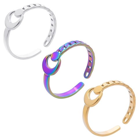 Stainless Steel Moon Chain Adjustable Open Ring For Women Men Vacuum Plated Gold Silver Rainbow Minimalist Fashion Jewelry Finger Ring
