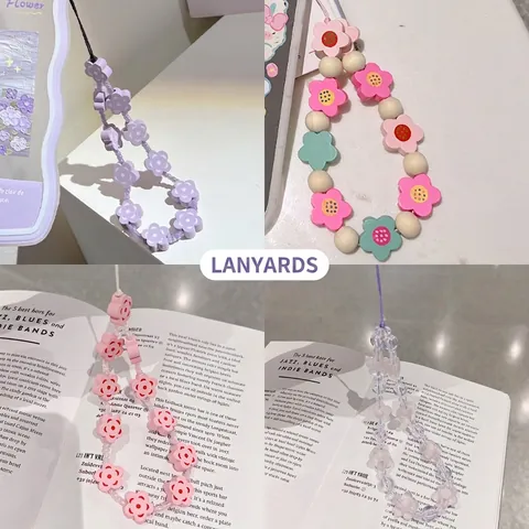 Kawaii Beaded Phone Lanyard Heart Flower Acrylic Resin Wrist Strap Chain Hand Strap For Women Girls