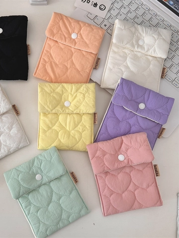 Mini Heart Quilted Storage Bag Portable Sanitary Napkin Pouch Macaron Color Polyester Coin Purse Makeup Organizer For Women