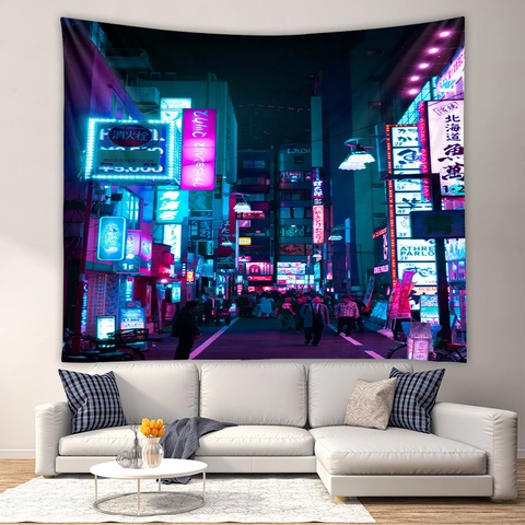 Arazzo Scena Notturna Giapponese Neon Poliestere Tenda Da Parete Cyberpunk Urbano Sfondo Decorazione Casa Soggiorno