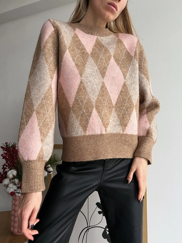 Damen Retro Argyle Strickpullover Baumwolle Polyester Rundhals Langarm Lockerer Sitz Lässiger Stil Oberteil