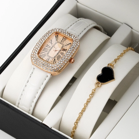 Orologio al Quarzo da Donna di Lusso E Bracciale Moda Strass Intarsiato Cassa Rettangolare Cinturino in Similpelle Orologio da Polso