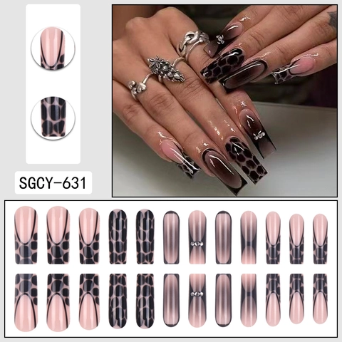 Lange Coffin Press On Nagels Luipaardprint Zwart Verloop Steentjes Kunstnagels Voor Vrouwen