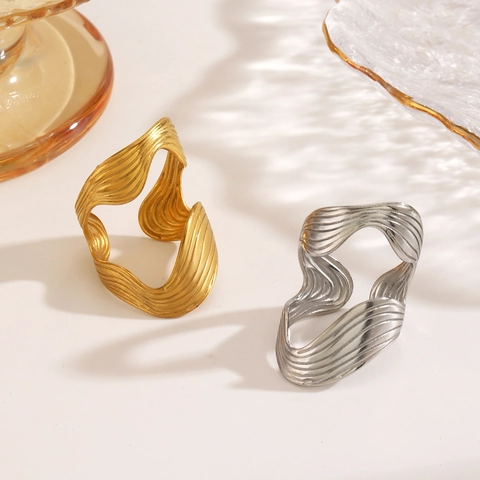 Anillo de Acero Inoxidable de Línea Ondulada Irregular de Moda para Mujer Anillo de Declaración Geométrico Ajustable Abierto Joyería