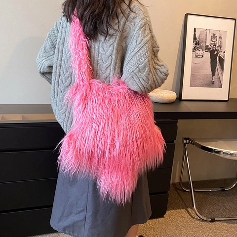 Sac Bandoulière En Peluche Pour Femmes Sac À Épaule En Fausse Fourrure Souple Sac Fourre-Tout Mode Minimaliste Pour Dames