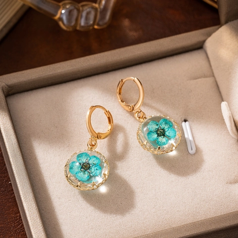 Preserved Dried Flower Drop Earrings Vintage Copper Glass Ball Teardrop Handmade Nature Inspired Jewelry For Women