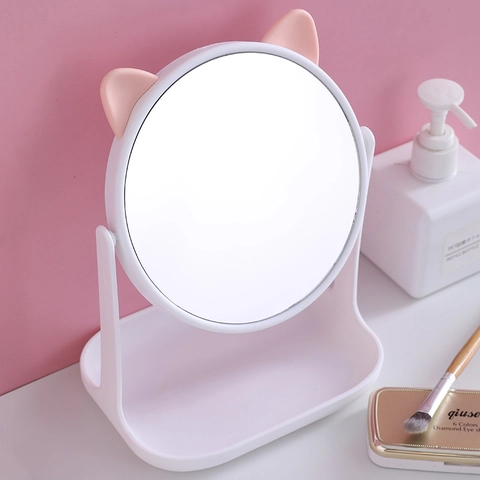Desktop Makeup Mirror Plastic Frame With Storage Base Tray Cute Cartoon Cat Rabbit Ears Rotatable Vanity Mirror Bedroom