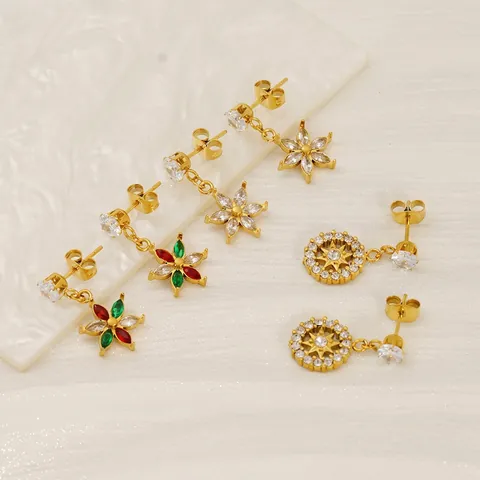 Pendientes Colgantes Estrella Flor Acero Inoxidable Chapado En Oro 18K Circón Diamante De Imitación Lujo Mujeres