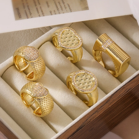 Herz Bienenwabe Geometrischer Ring 18K Vergoldet Kupfer Mikropflaster Zirkonia Offen Verstellbar Schmuck Für Damen