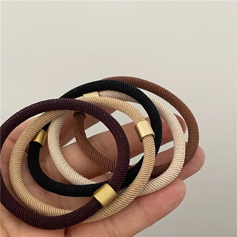 Twill Elastic Hair Ties High Elasticity Ponytail Holders With Matte Gold Metal Buckle Coffee Tone Solid Color For Women