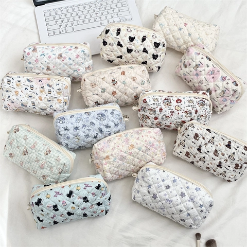 Quilted Pencil Case Soft Cotton Makeup Bag Large Capacity Stationery Storage Pouch For Students Cute Cartoon Animal Print
