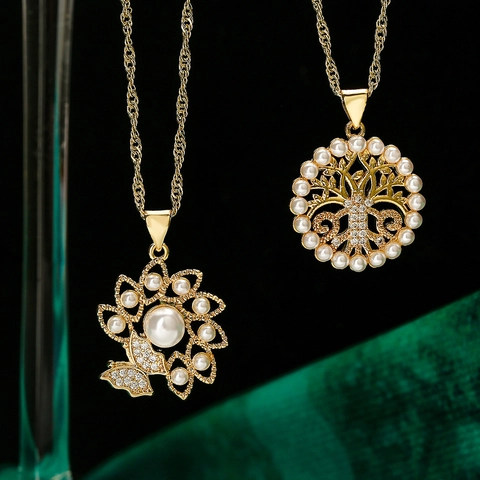 Collar Con Colgante Árbol De La Vida Flor De Mariposa Cobre Chapado En Oro Circón Perla Artificial Joyería Para Mujer Elegante
