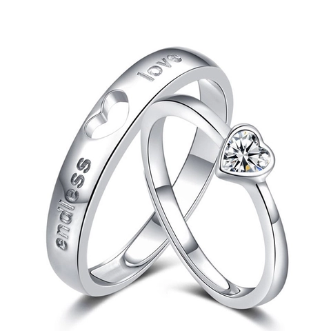 Endless Love Heart Couple Rings Silver Color Metal Rhinestone Inlaid Adjustable Open Rings For Women Men Jewelry Gift