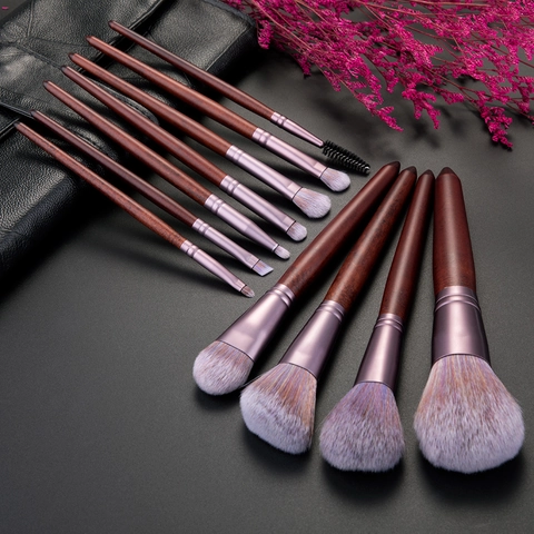 Set Di Pennelli Da Trucco Manico In Legno Di Rosa Setole In Fibra Sintetica Strumenti Di Bellezza Professionali Viso Occhi Portatile