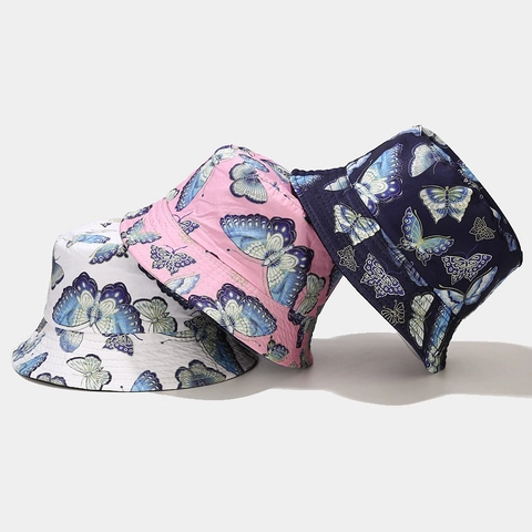 Chapeau Bob Réversible Imprimé Papillon Coton Pliable Protection Solaire Été Voyage Chapeau De Pêcheur Femmes