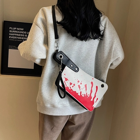 Bolso Bandolera Con Forma De Cuchillo De Cocina Cuero PU Patrón De Manchas De Sangre Roja Gótico Punk Bolso Halloween Novedad